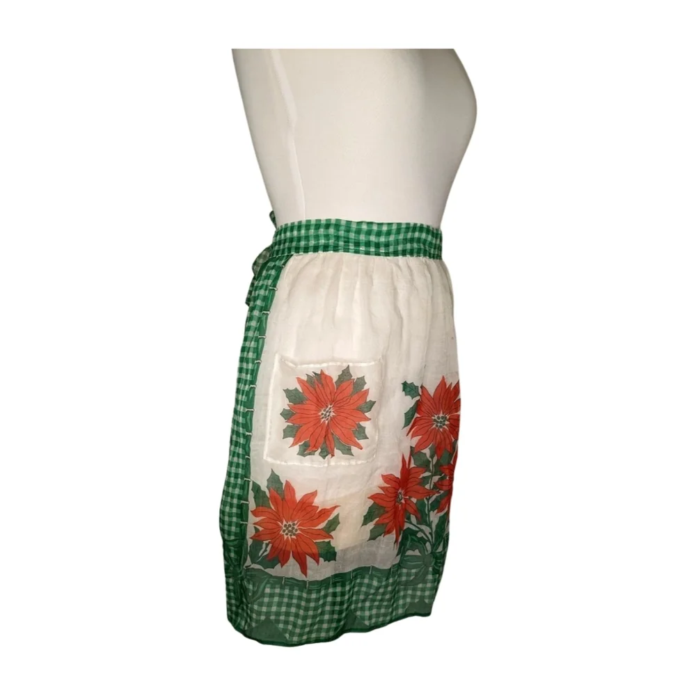Green Christmas Red Poinsetta Vintage Half Apron Holiday
